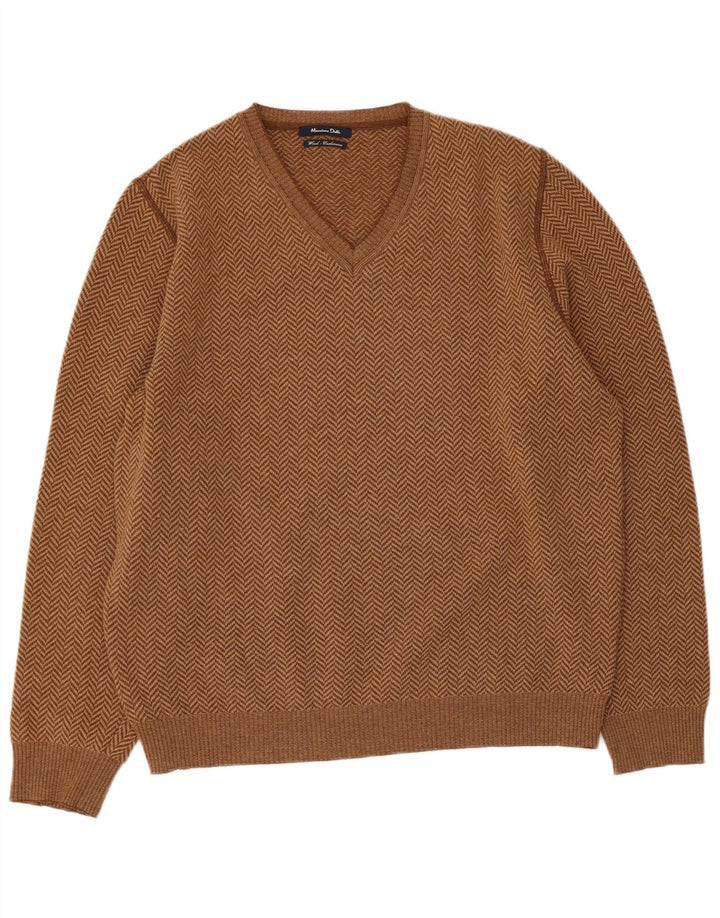 Massimo Dutti Mens V-Neck Jumper Sweater Large Brown Herringbone Wool