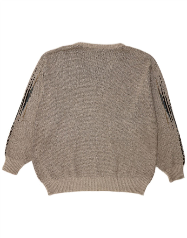 VINTAGE Mens V-Neck Jumper Sweater Large Grey Geometric