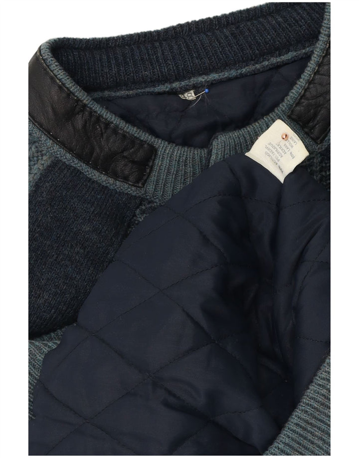 Vintage Mens Knit Bomber Jacket IT 48 Medium Navy Blue Striped Acrylic