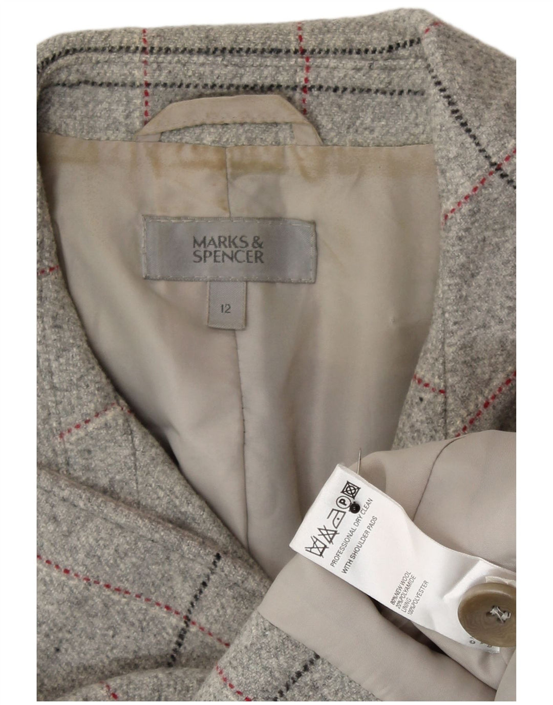 Marks & Spencer Veste Blazer Femme UK 12 Gris Moyen à Carreaux