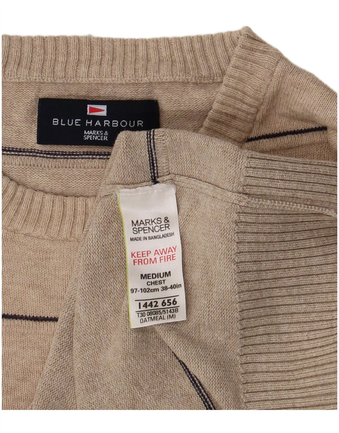 Marks & Spencer Herren Blauer Harbour-Pullover mit Rundhalsausschnitt Mittelbeige