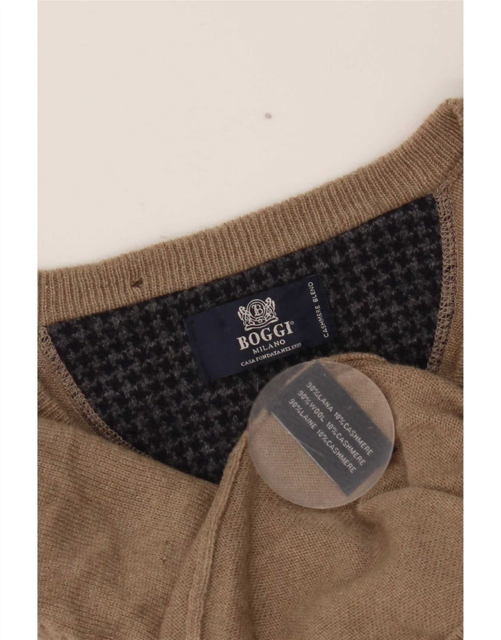 Boggi Mens V-Neck Jumper Sweater Small Beige Wool