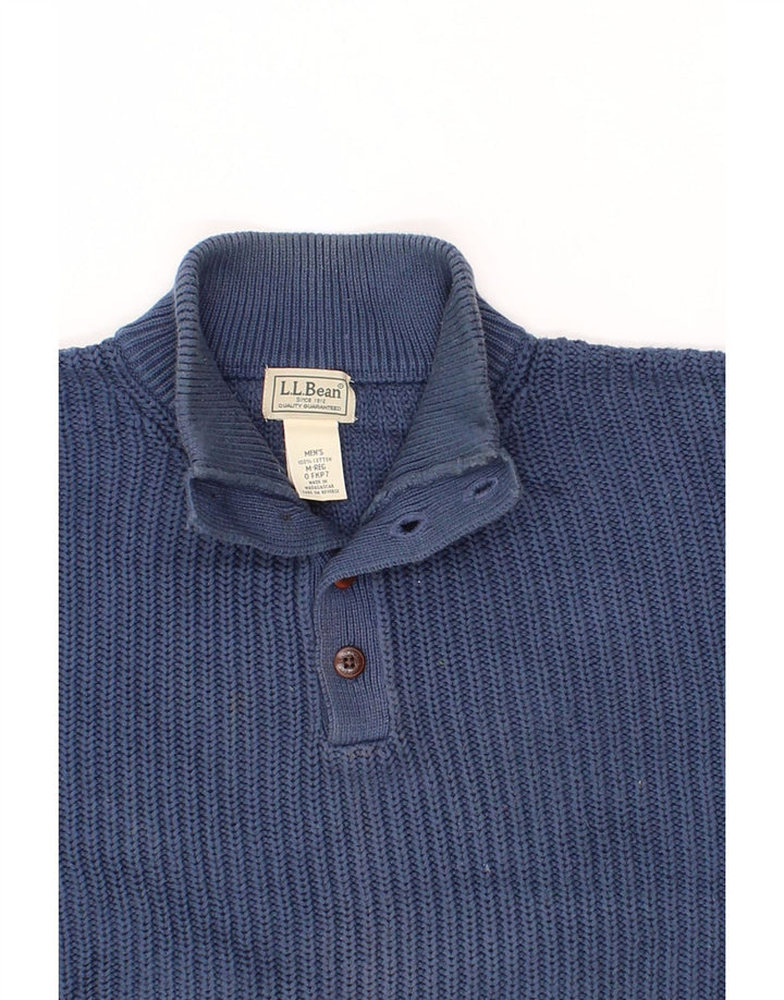 L.L.BEAN Mens Button Neck Jumper Sweater Medium Blue Cotton