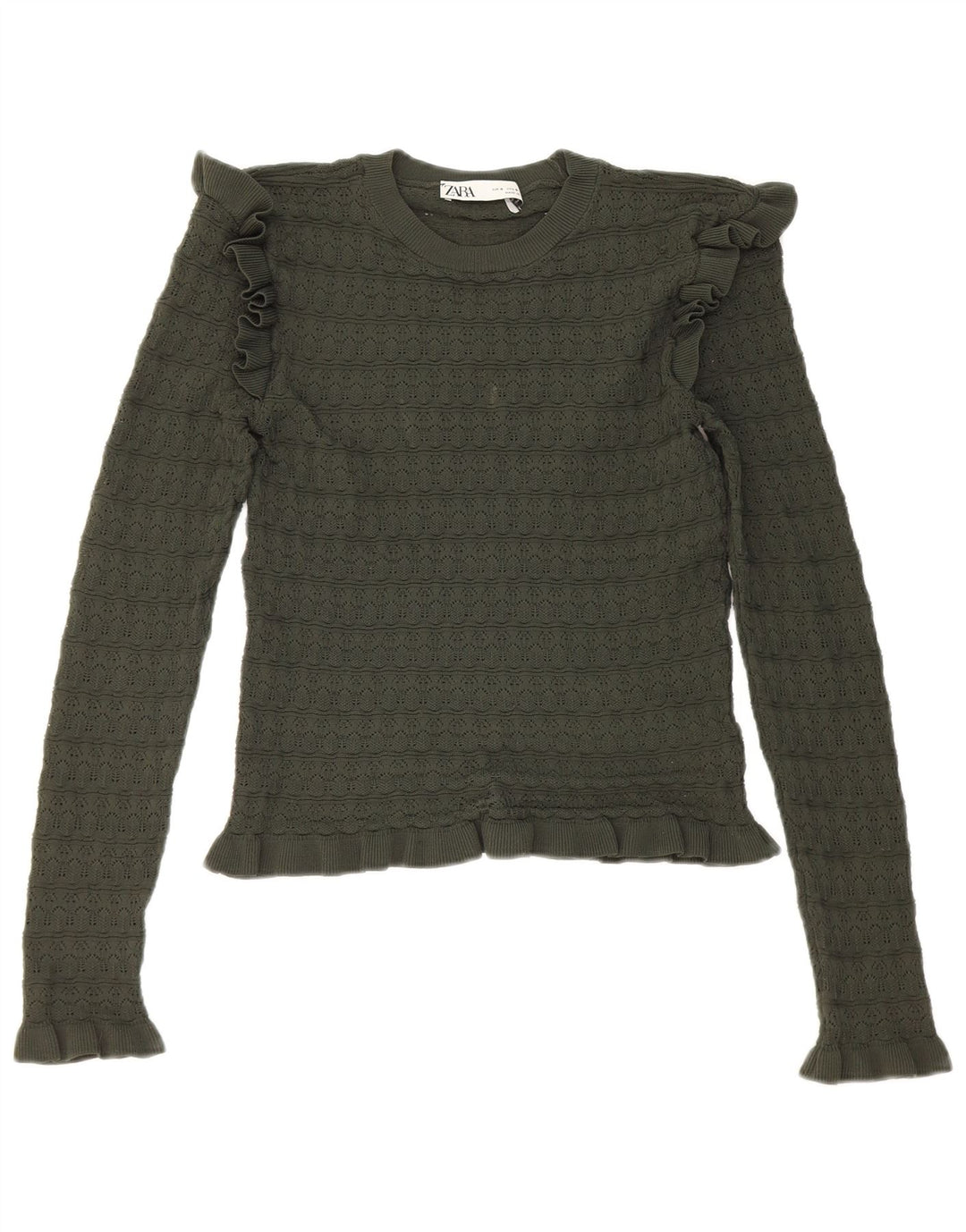 Zara Donna Top corto con volant sul davanti manica lunga UK 8 Small Poliestere kaki