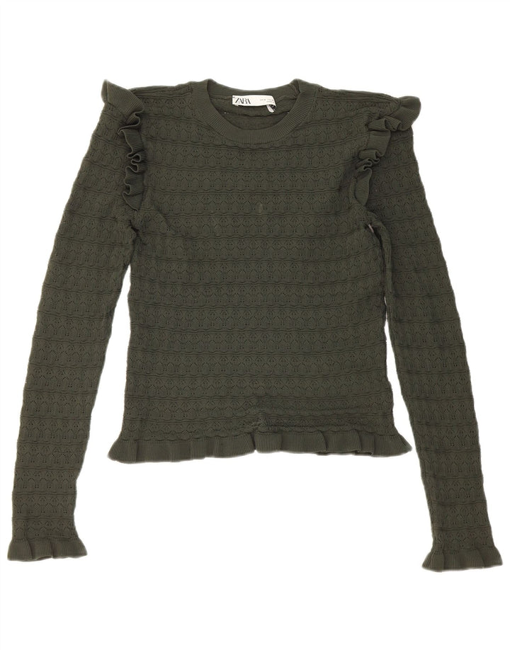 Zara Donna Top corto con volant sul davanti manica lunga UK 8 Small Poliestere kaki