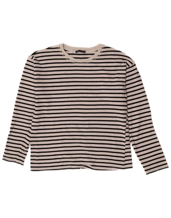 Zara Damen Top Langarm UK 10 Small Weiß gestreift Baumwolle
