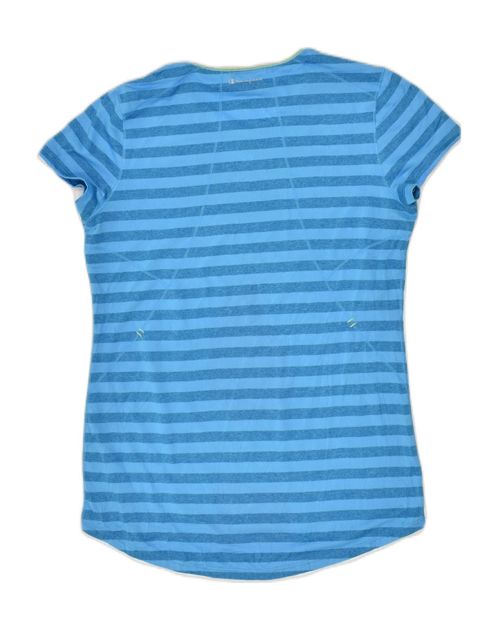 CHAMPION Womens T-Shirt Top UK 10 Small Blue Striped Polyester | Vintage Champion | Thrift | Second-Hand Champion | Used Clothing | Messina Hembry 