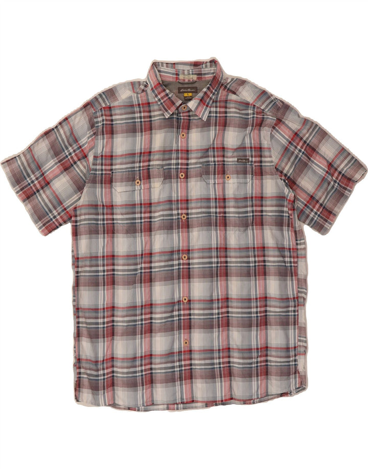 EDDIE BAUER Mens Short Sleeve Shirt Large Grey Check Polyester Vintage Eddie Bauer and Second-Hand Eddie Bauer from Messina Hembry 