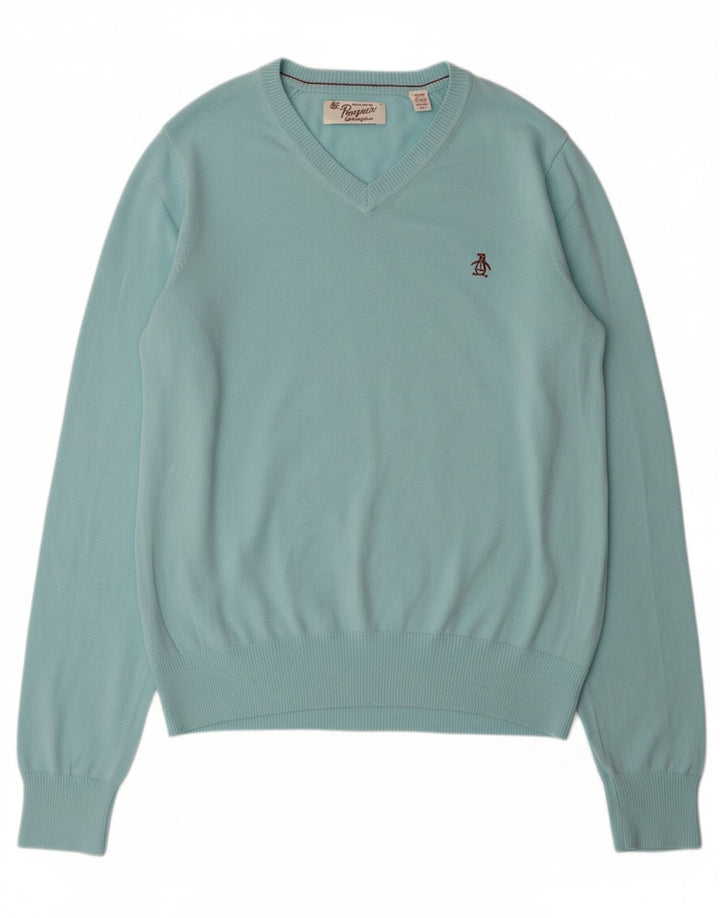PENGUIN Mens V-Neck Jumper Sweater Large Turquoise Cotton