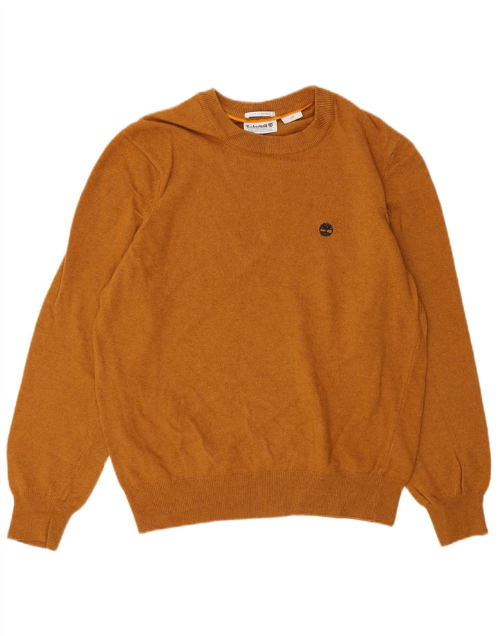 TIMBERLAND Mens Petite Crew Neck Jumper Sweater Small Brown Wool