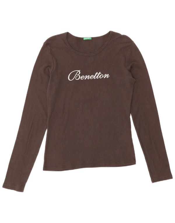 Benetton Womens Graphic Top Long Sleeve UK 12 Large Brown Cotton