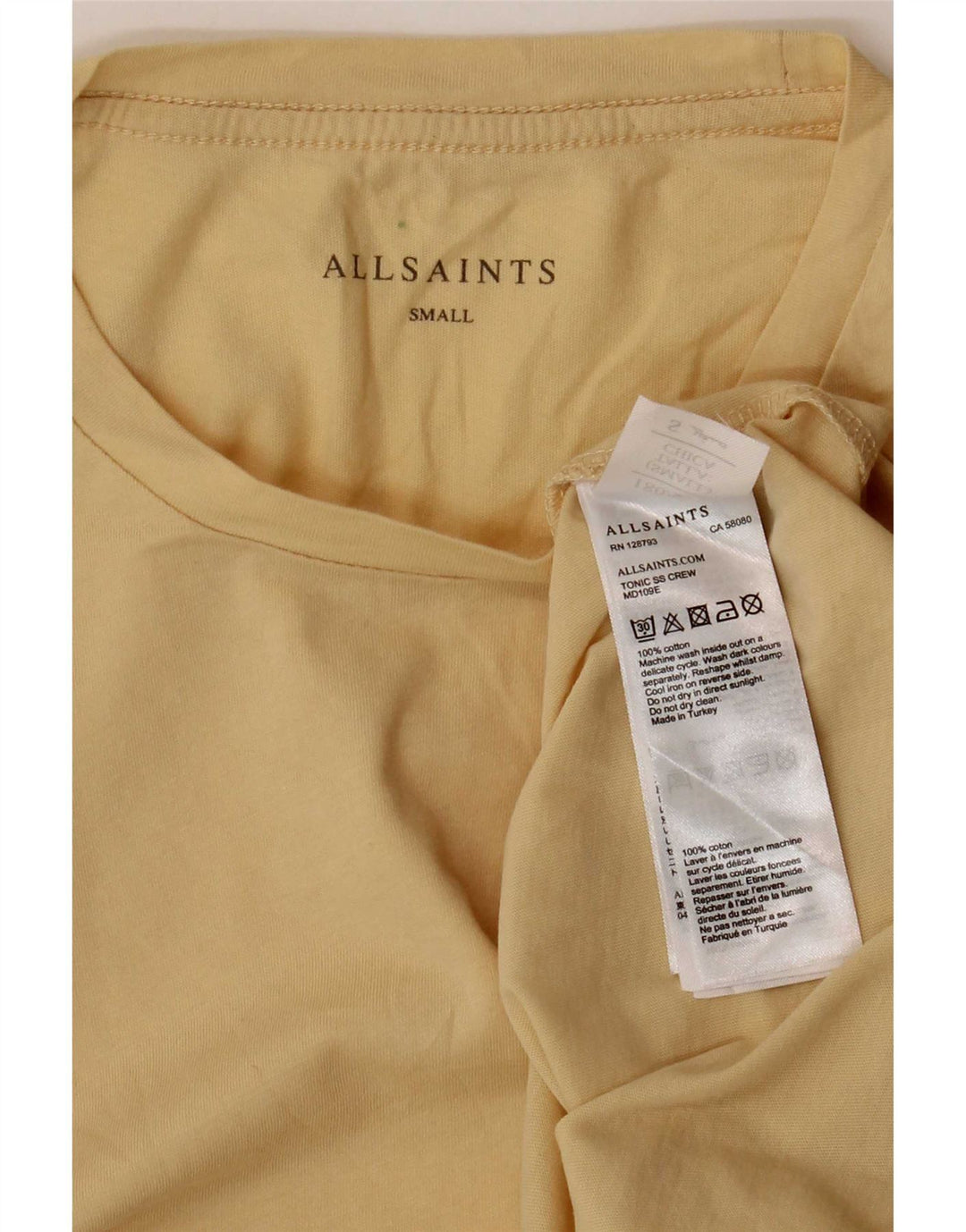 All Saints Mens T-Shirt Top Small Yellow Cotton