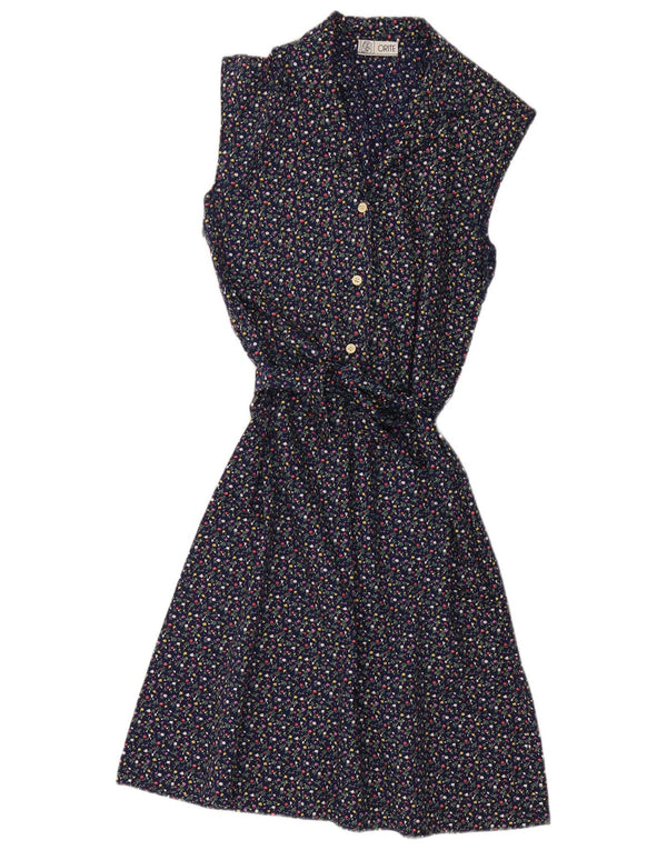Vintage Damen Ärmelloses A-Linien-Kleid UK 12 Medium Navy Blue Floral