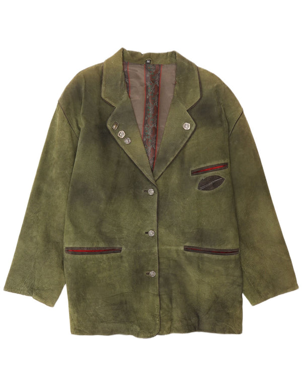 Jaqueta blazer feminina vintage de camurça com 3 botões UE 50 3XL couro verde