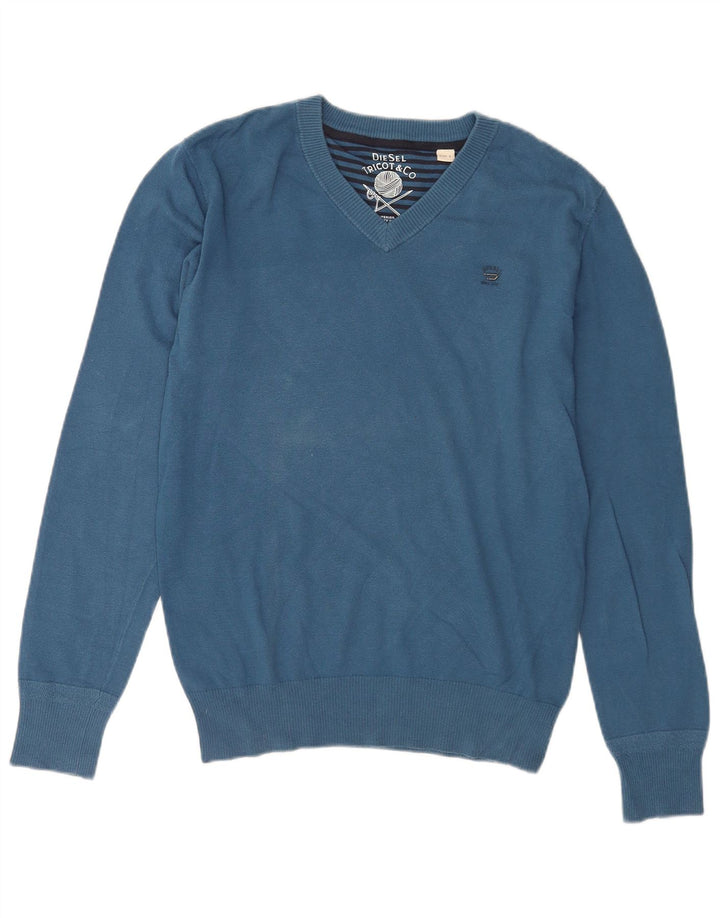 Diesel Mens V-Neck Jumper Sweater Large Blue Cotton