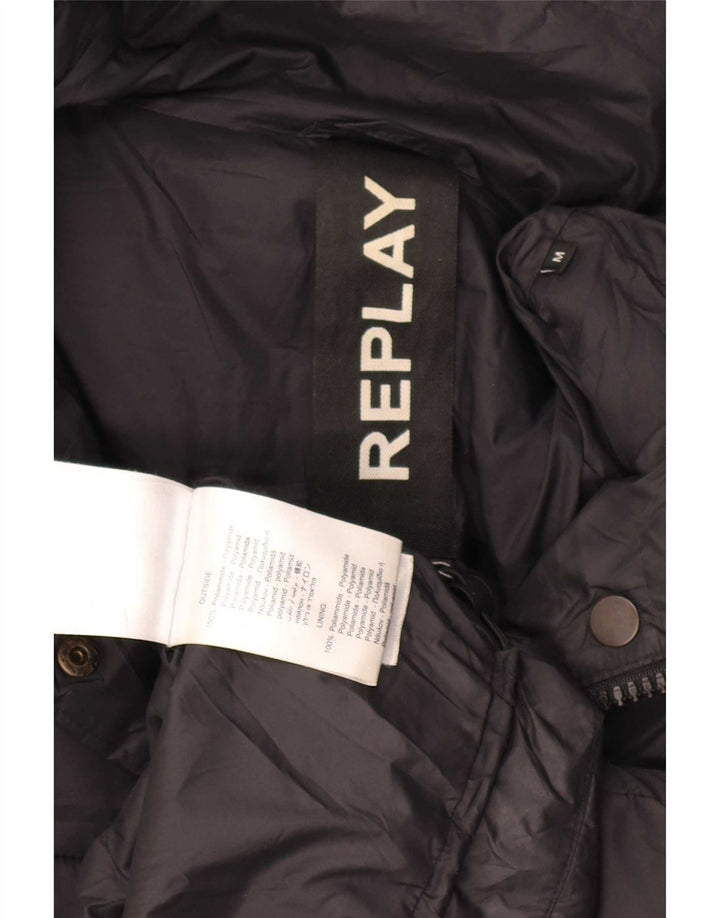 Replay Dame grafisk polstret jakke UK 14 Medium Sort Polyamid