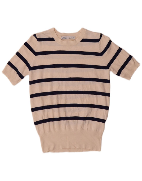 Maglione Zara da donna con scollo a barca UK 10 piccolo a righe bianco sporco