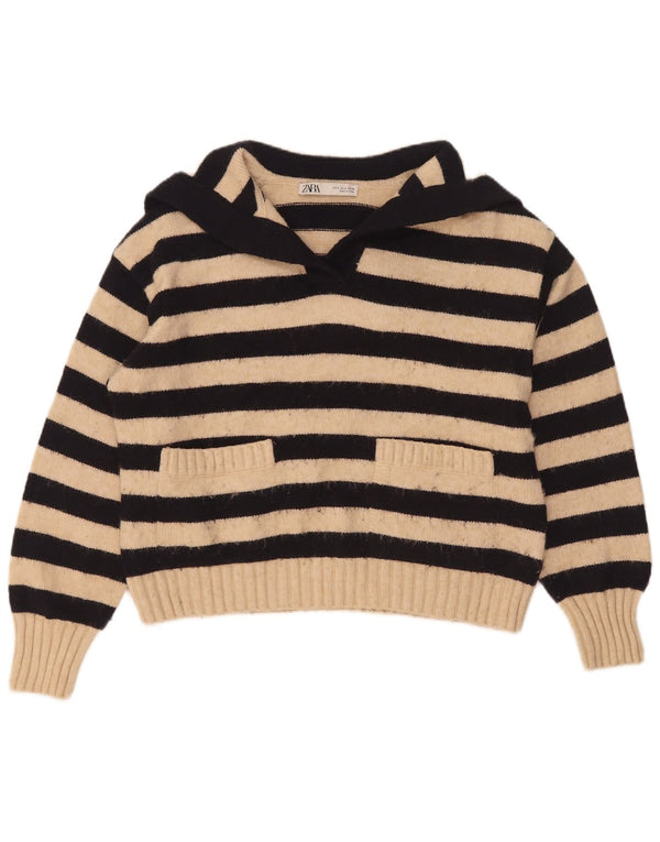 Maglione oversize con collo a polo oversize da donna Zara UK 10 piccolo a righe beige