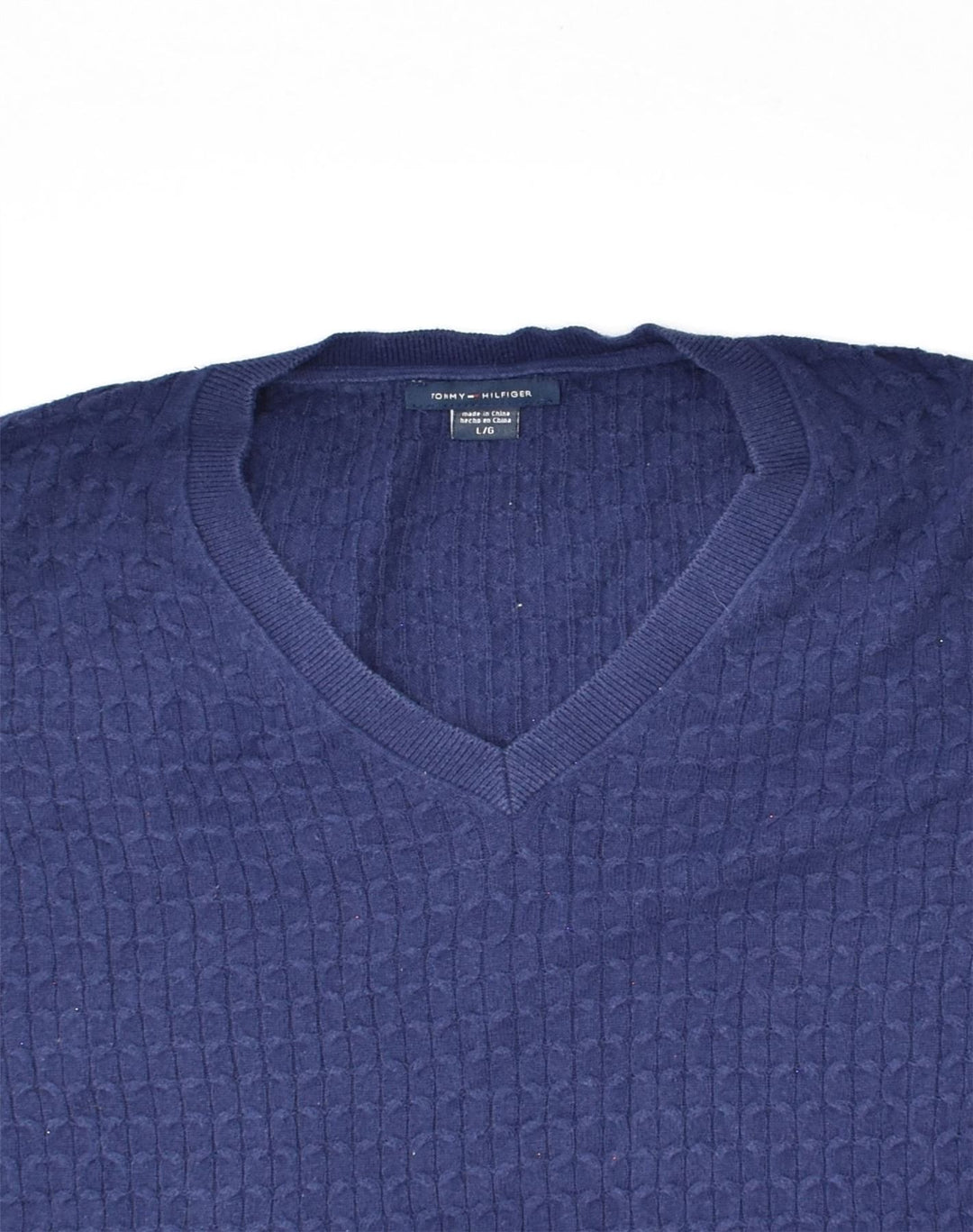 TOMMY HILFIGER Womens V-Neck Jumper Sweater UK 14 Large Navy Blue Cotton | Vintage Tommy Hilfiger | Thrift | Second-Hand Tommy Hilfiger | Used Clothing | Messina Hembry 