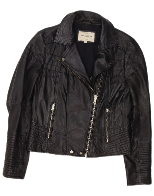 River Island Damen Leder-Bikerjacke UK 12 Medium Schwarz
