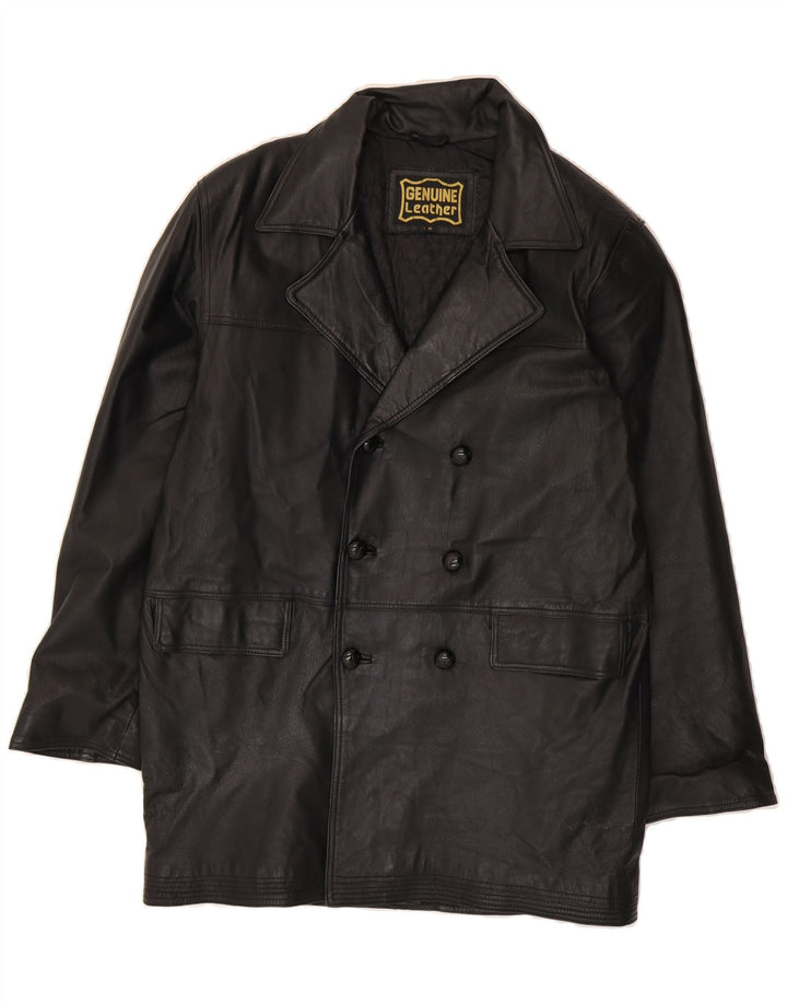 GENUINE LEATHER Mens Double Breasted Coat UK 38 Medium Black Leather Vintage Genuine Leather and Second-Hand Genuine Leather from Messina Hembry 