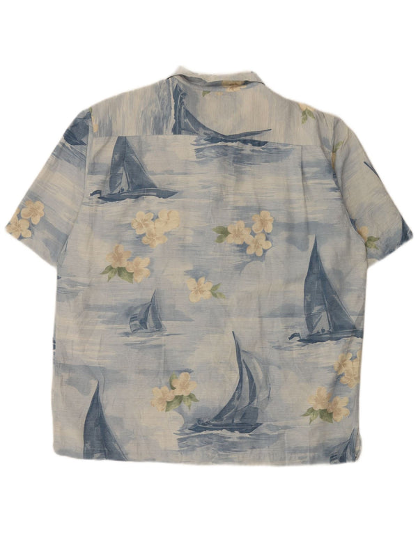 Camisa masculina vintage de manga curta XL azul floral seda