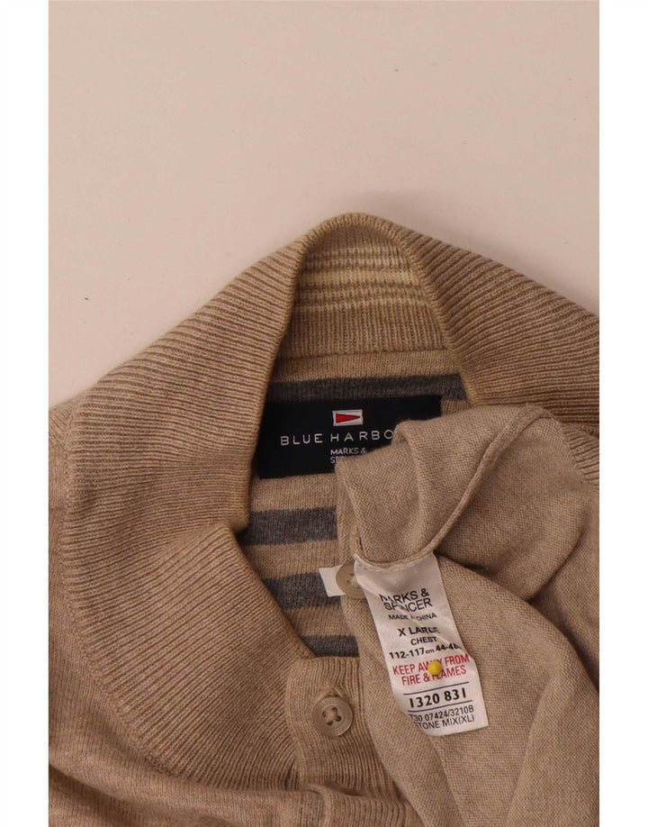 Marks & Spencer Mens Blue Harbour Button Neck Jumper Sweater XL Beige