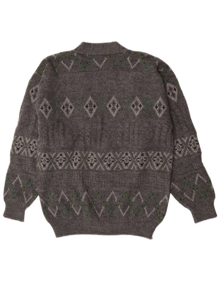 Vintage Mens Cardigan Sweater Large Grey Geometric Wool