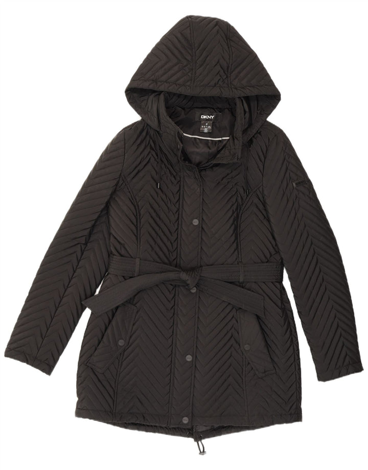 Dkny Womens Hooded Windbreaker Coat UK 12 Medium Black Chevron