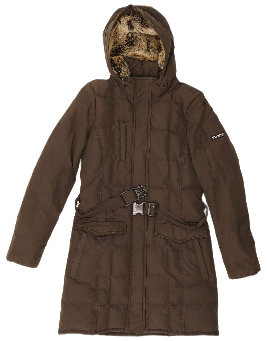 Woolrich Womens Hooded Padded Coat UK 12 Medium Khaki Cotton