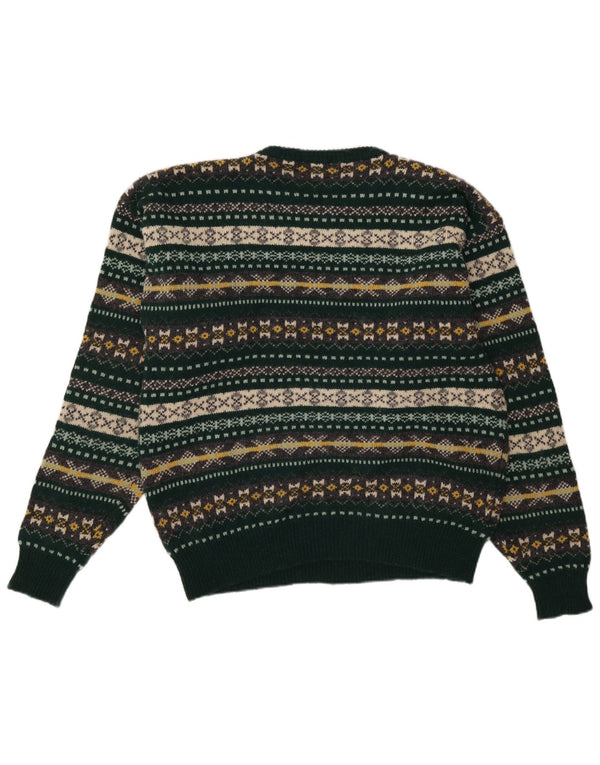 vintage Mens Crew Neck Jumper Pull Grand Vert Fair Isle Virgin Wool