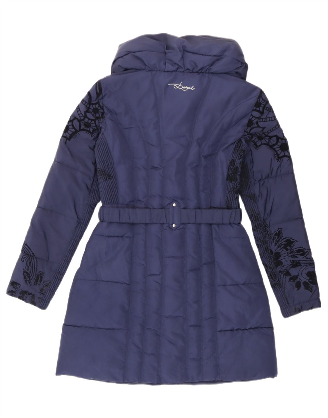 Desigual Womens Padded Coat EU 38 Medium Navy Blue Floral Polyester