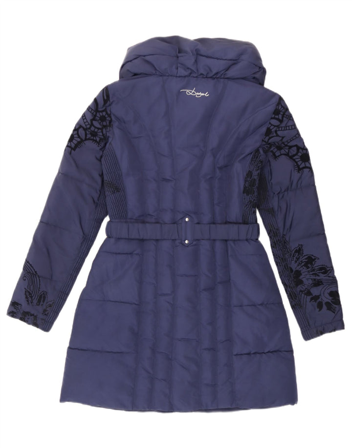 Desigual Womens Padded Coat EU 38 Medium Navy Blue Floral Polyester