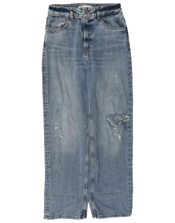 Zara Womens High Waist Distressed Straight Jeans EU 40 Medium W30 L31 Blue