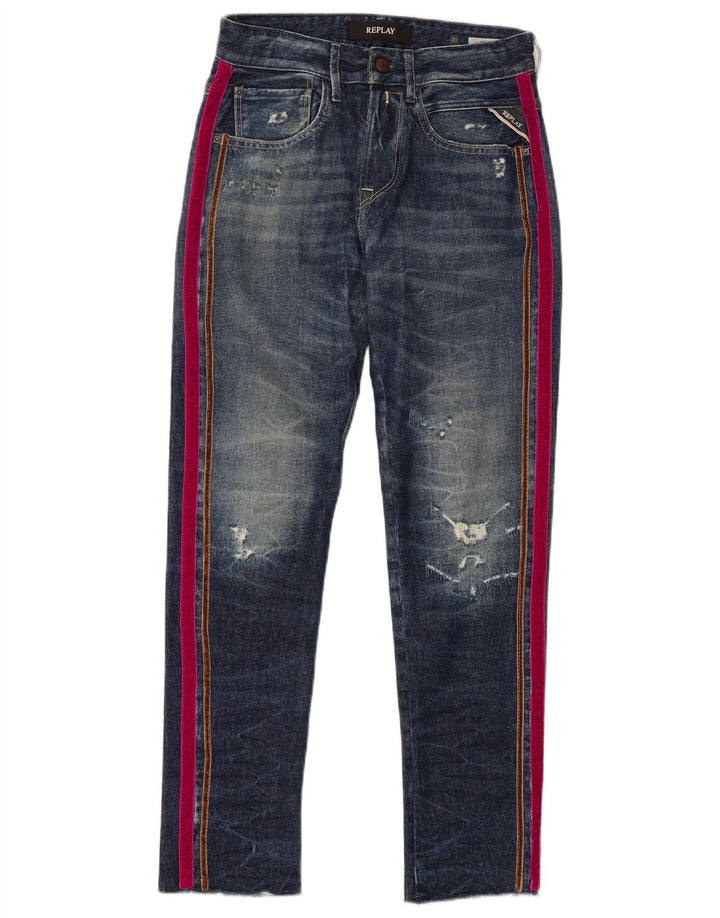 REPLAY Womens Distressed Slim Jeans W23 L28 Blue Colourblock