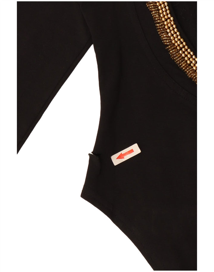 Vintage Womens Long Sleeve Bodysuit UK 12 Medium Black Cotton