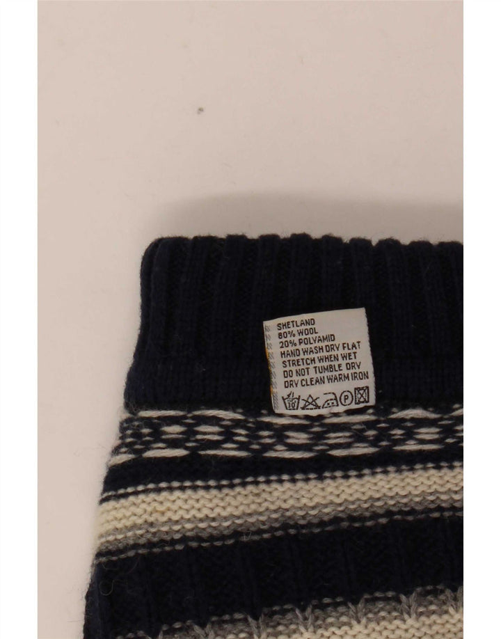 Vintage Mens Roll Neck Jumper Sweater Medium Navy Blue Striped Wool