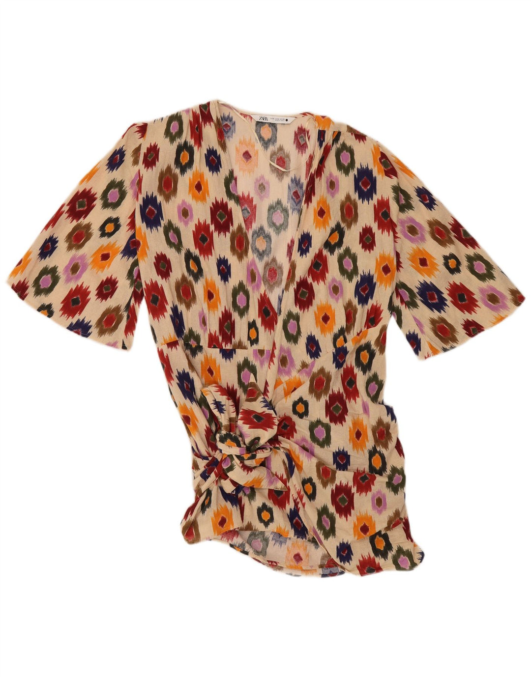 Zara Womens Front Tie Tunika Top UK 14 Medium Beige Ikat Bomuld