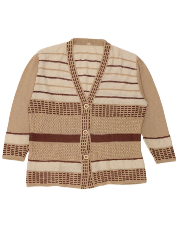 Vintage dame cardigan sweater med 3/4 ærmer UK 18 XL Beige stribet viskose