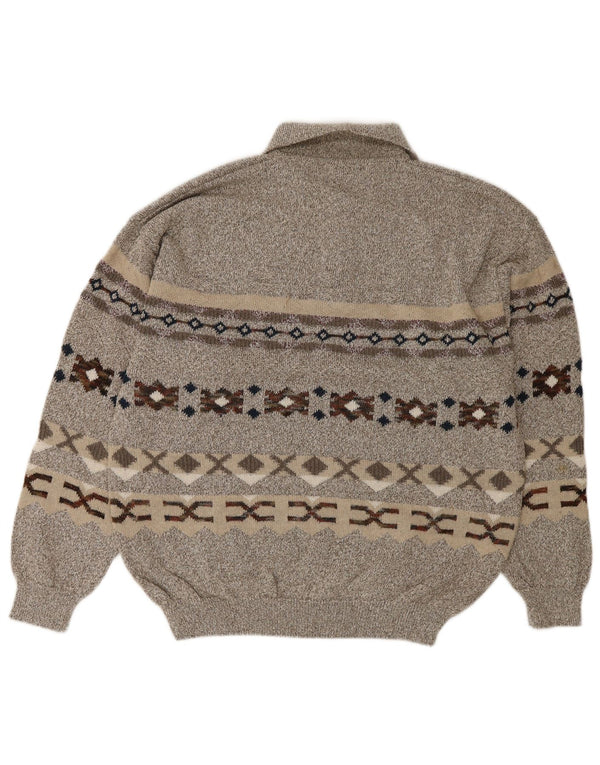 Malagrida Hombre Polo Cuello Jersey Suéter Grande Gris Fair Isle Algodón