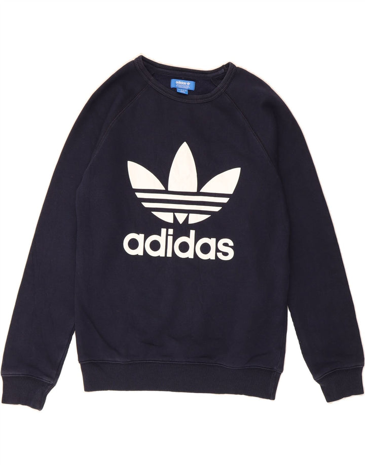 ADIDAS Mens Graphic Sweatshirt Jumper Small Navy Blue Cotton Vintage Adidas and Second-Hand Adidas from Messina Hembry 