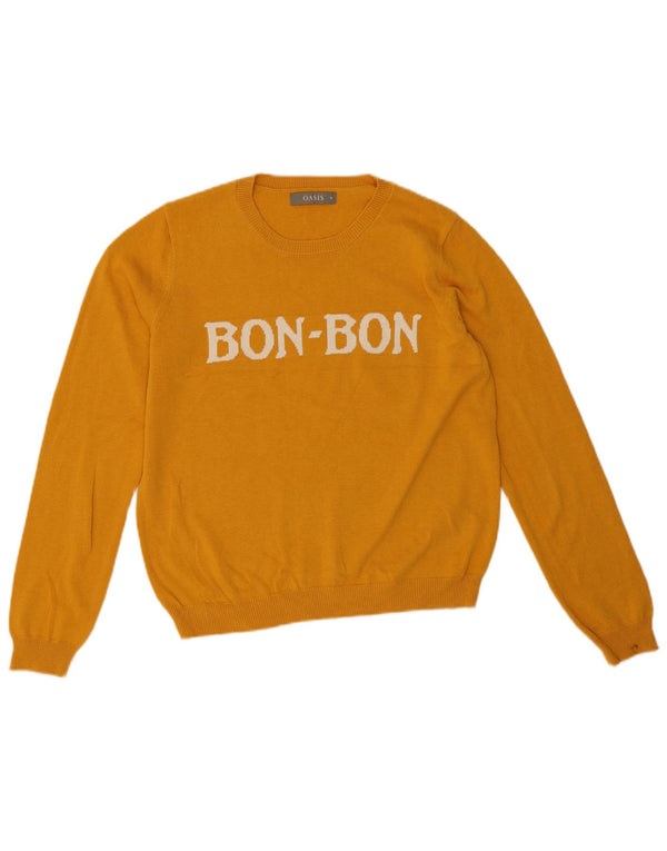 Oasis Womens Graphic Crew Neck Jumper Sweater UK 14 Medium Yellow Cotton