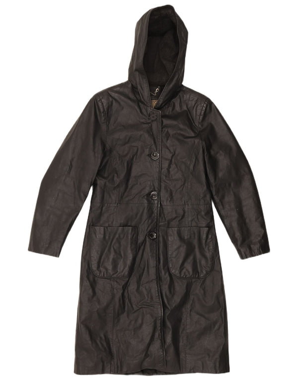 Vintage Womens Hooded Leather Coat IT 44 Medium Black Leather