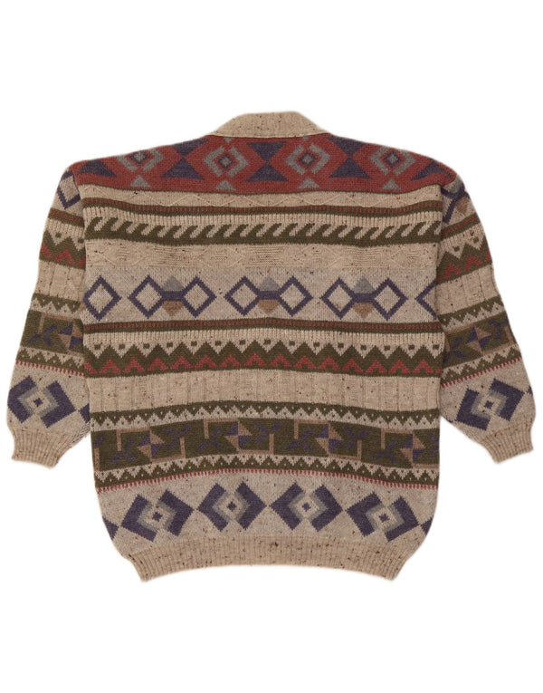 vintage Mens Cardigan Sweater Grande laine géométrique multicolore