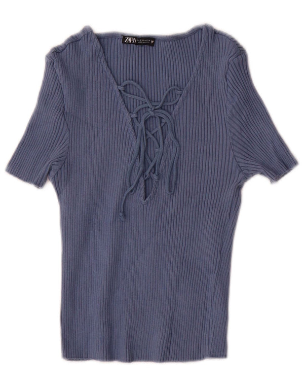 Zara Womens Crop Blouse Top UK 12 Moyen Bleu Marine Coton