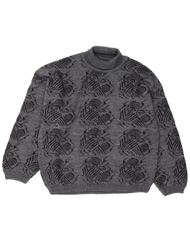 Maglione maglione collo alto con motivo astratto vintage da uomo grande grigio