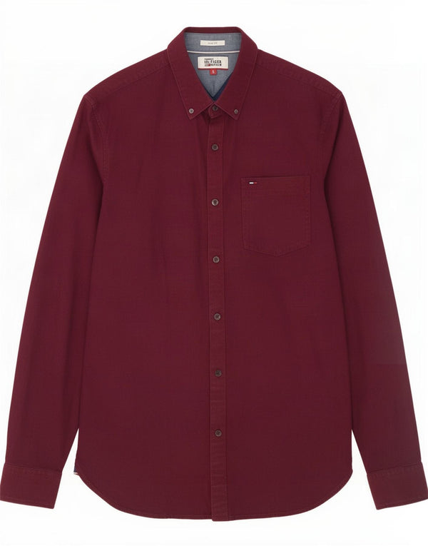 Camisa Tommy Hilfiger Slim Fit para hombre de algodón burdeos pequeño