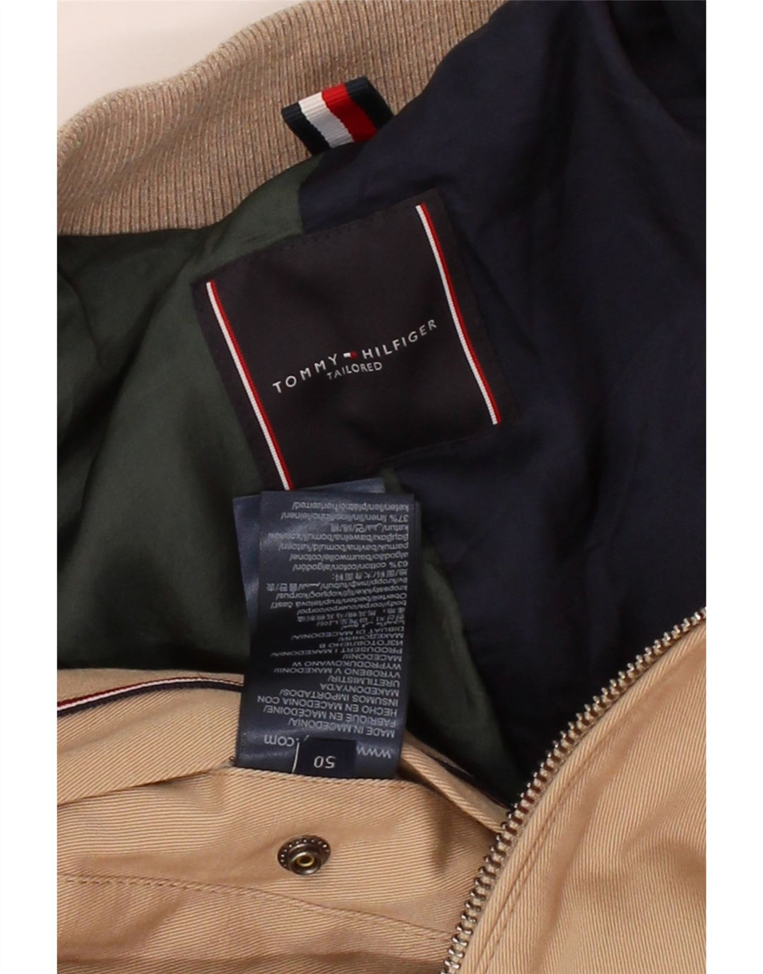 TOMMY HILFIGER Mens Tailored Bomber Jacket IT 50 Large Beige Cotton Vintage Tommy Hilfiger and Second-Hand Tommy Hilfiger from Messina Hembry 