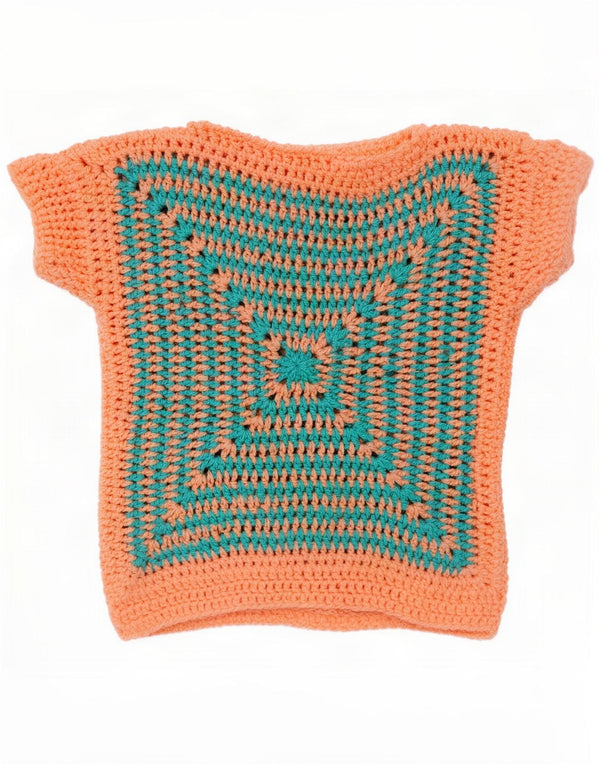 Vintage Damen Kurzärmeliger Pullover mit U-Boot-Ausschnitt UK 12 Medium Orange