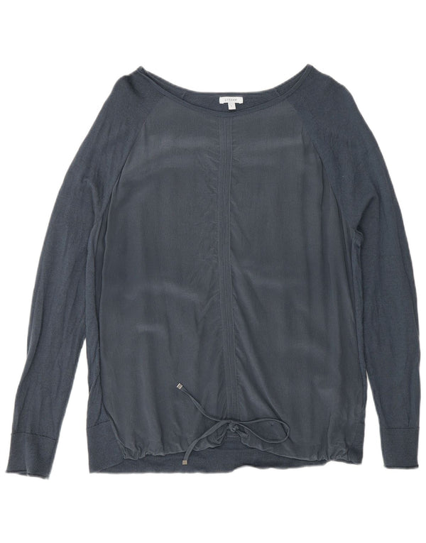 Jigsaw Top da donna con allacciatura frontale a maniche lunghe UK 16 Large in seta blu navy